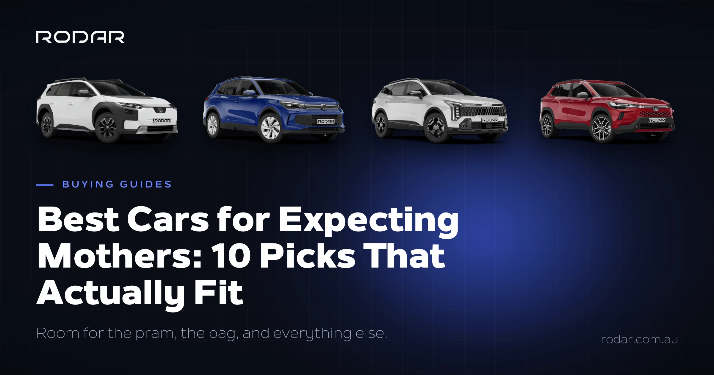 Rodar article card: the best cars for expecting mothers in Australia, showing the Subaru Outback, Volkswagen Tiguan, Kia Sportage and Toyota Corolla Cross.