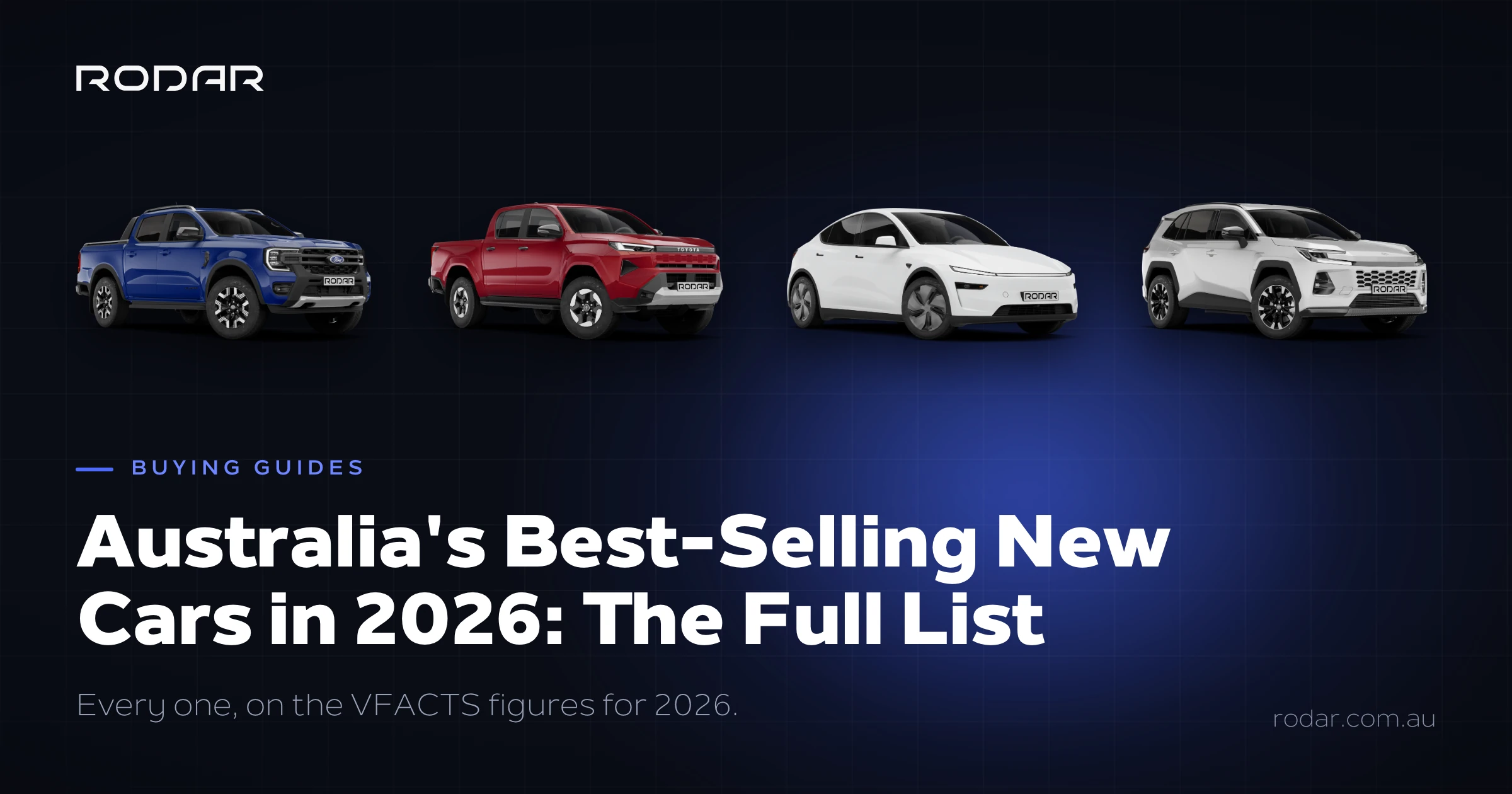 Rodar article card: Australia's best-selling new cars in 2026, the full list on VFACTS figures, showing the Ford Ranger, Toyota HiLux, Tesla Model Y and Toyota RAV4.