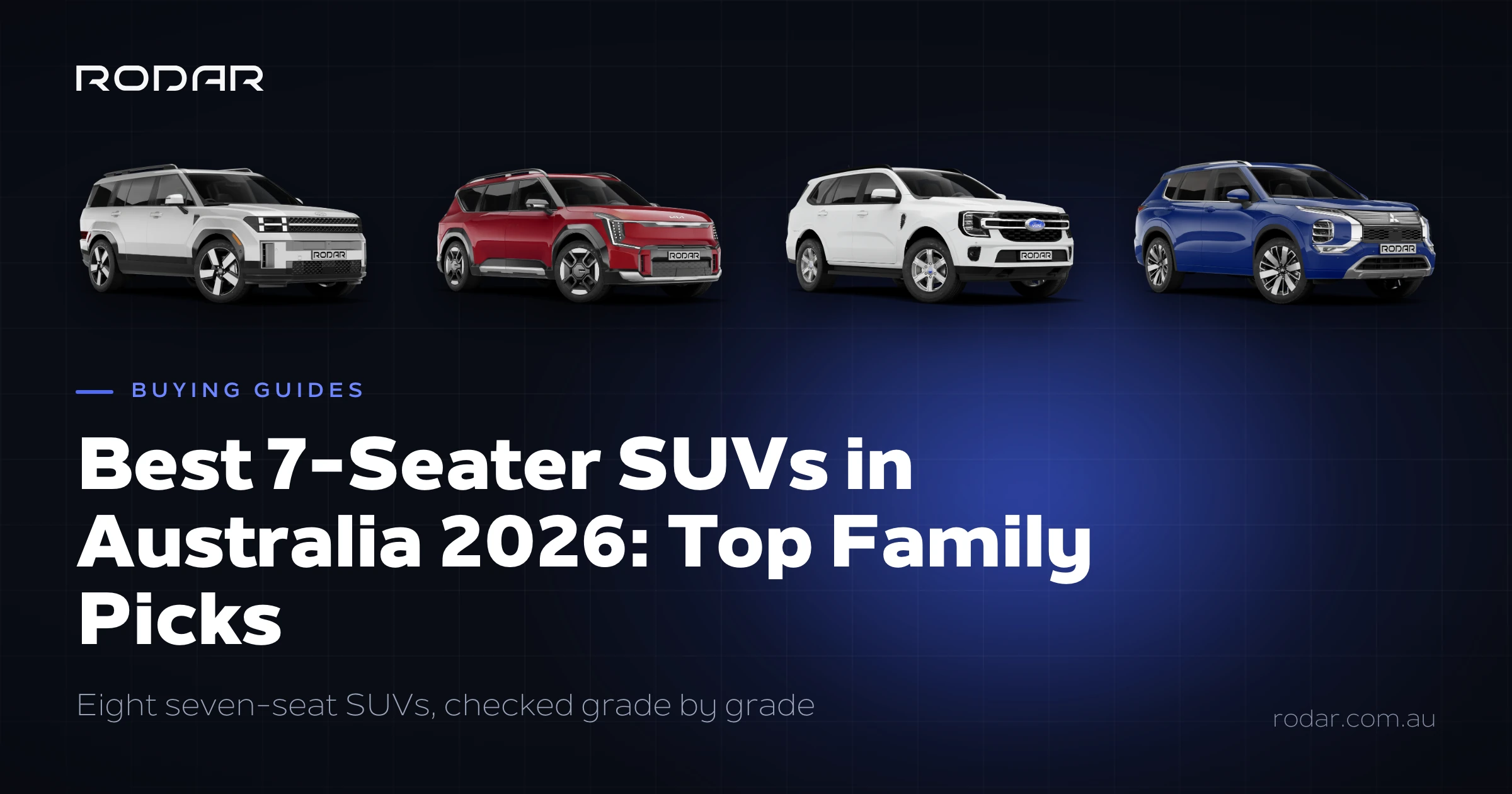 Best seven-seat SUVs in Australia for 2026, showing the Hyundai Santa Fe, Kia EV9, Ford Everest and Mitsubishi Outlander.