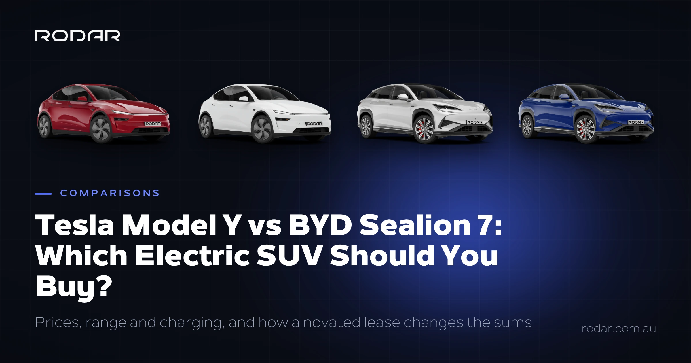 Tesla Model Y vs BYD Sealion 7 comparison, showing the Tesla Model Y and BYD Sealion 7, two of each.