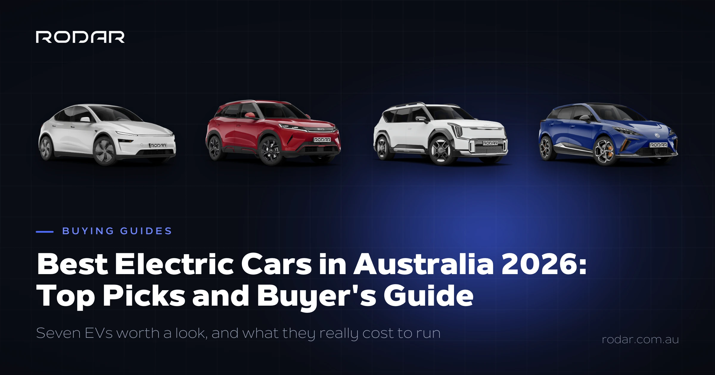 Best electric cars in Australia 2026, showing the Tesla Model Y, BYD Atto 2, Kia EV9 and MG4.