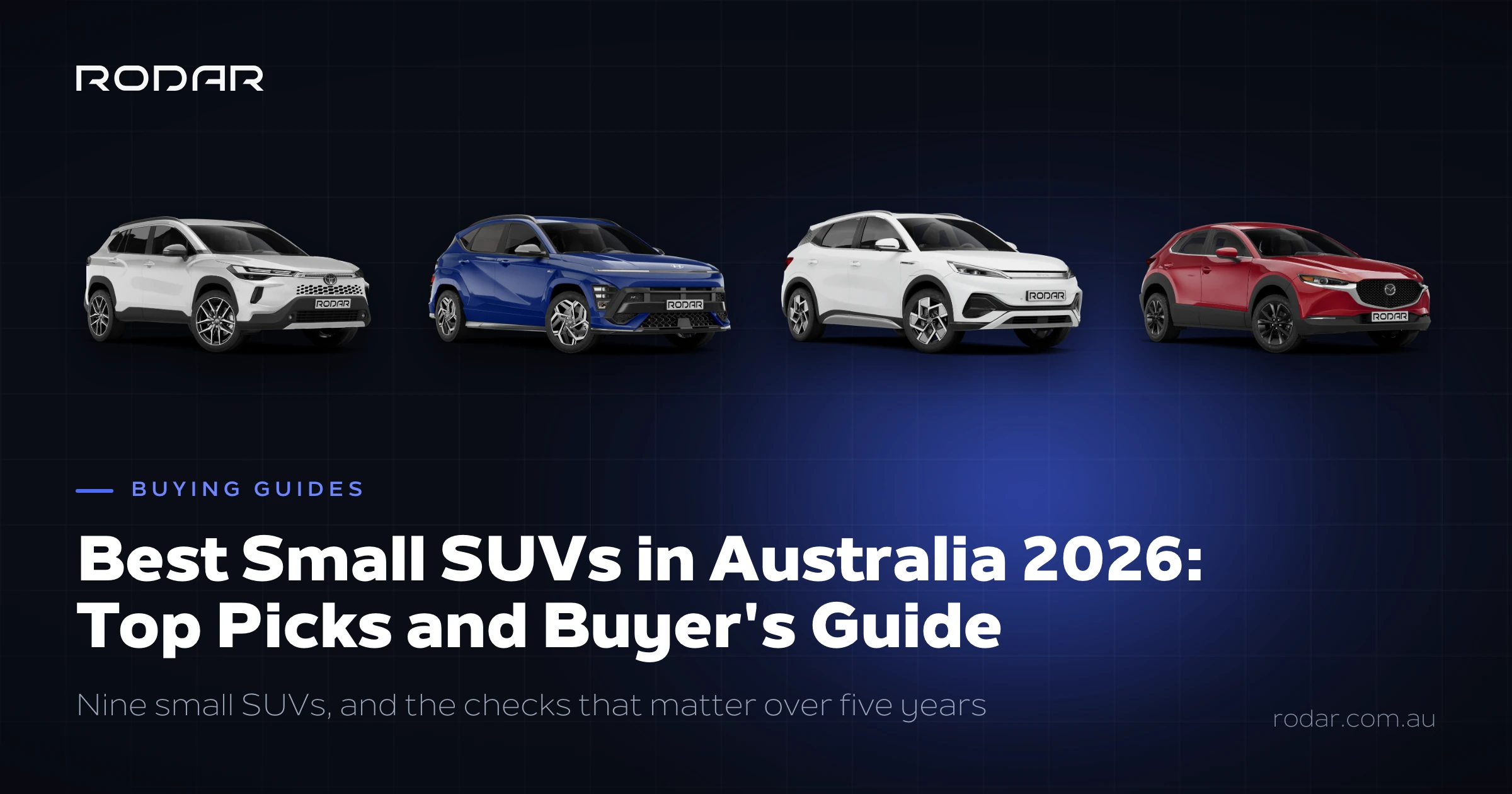 Best small SUVs in Australia for 2026, showing the Toyota Corolla Cross, Hyundai Kona, BYD Atto 3 and Mazda CX-30.