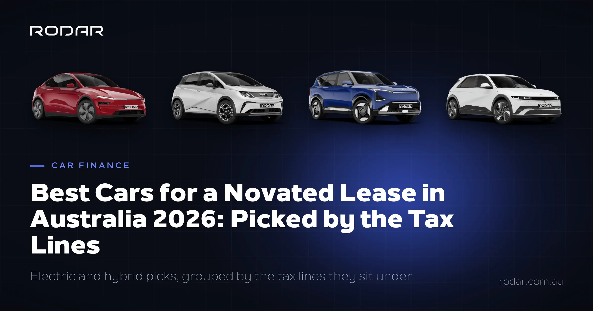 Best cars for a novated lease in Australia for 2026, showing the Tesla Model Y, BYD Dolphin, Kia EV5 and Hyundai Ioniq 5.