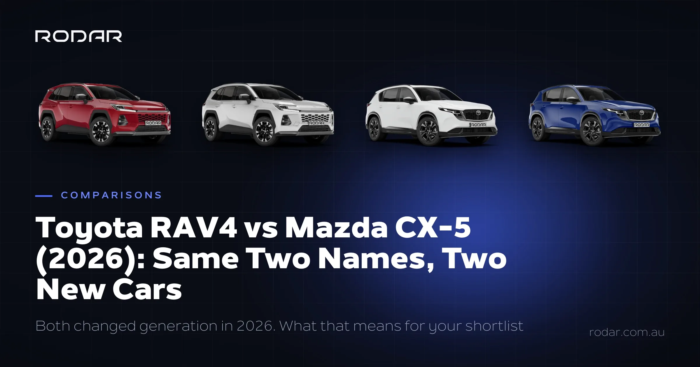 Toyota RAV4 vs Mazda CX-5 comparison for 2026, showing the Toyota RAV4 and Mazda CX-5, two of each.